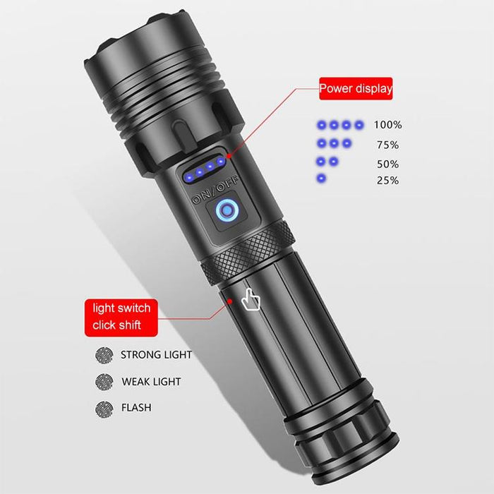 Waterproof P70 + Cob Led Flashlight Usb Charging Power Display Focusing 7-Level Brightness