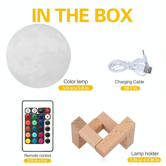 15Cm 3D Print Moon Lamp Touch Control 16-Colour Dimming Usb Charging Remote & Wooden Holder