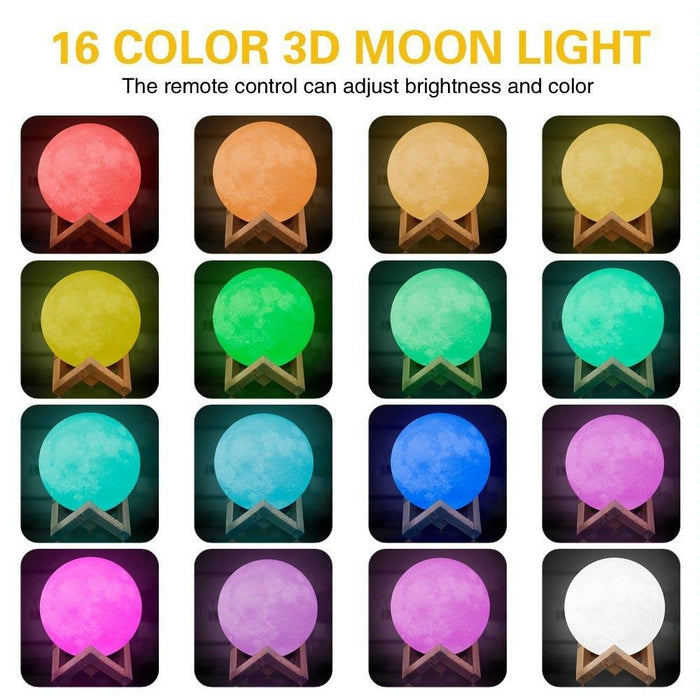 15Cm 3D Print Moon Lamp Touch Control 16-Colour Dimming Usb Charging Remote & Wooden Holder