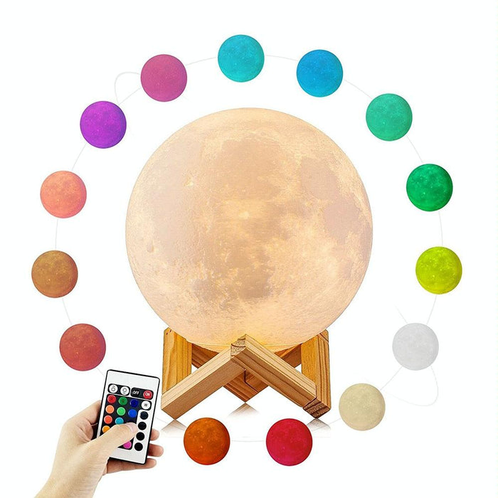 15Cm 3D Print Moon Lamp Touch Control 16-Colour Dimming Usb Charging Remote & Wooden Holder