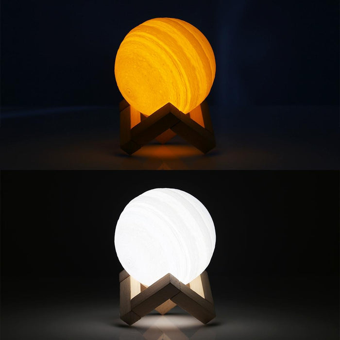 10Cm 3D Print Jupiter Lamp Touch Control Usb Charging 2-Colour Led Night Light With Wooden Base