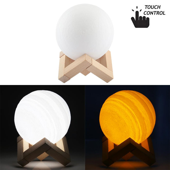 10Cm 3D Print Jupiter Lamp Touch Control Usb Charging 2-Colour Led Night Light With Wooden Base
