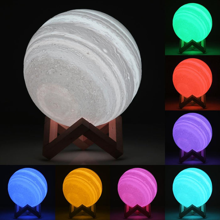 3D Print Jupiter Lamp 10Cm Usb Charging 7-Colour Led Night Light With Wooden Base