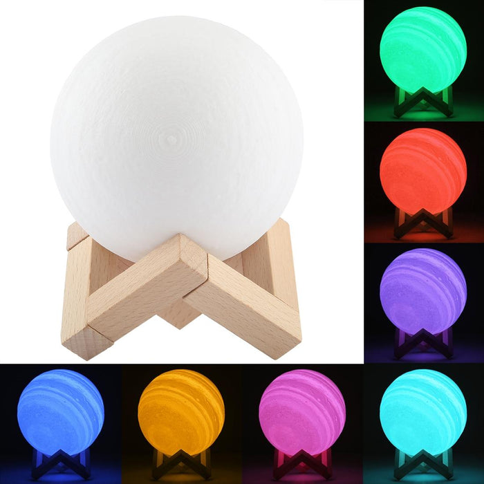 3D Print Jupiter Lamp 10Cm Usb Charging 7-Colour Led Night Light With Wooden Base