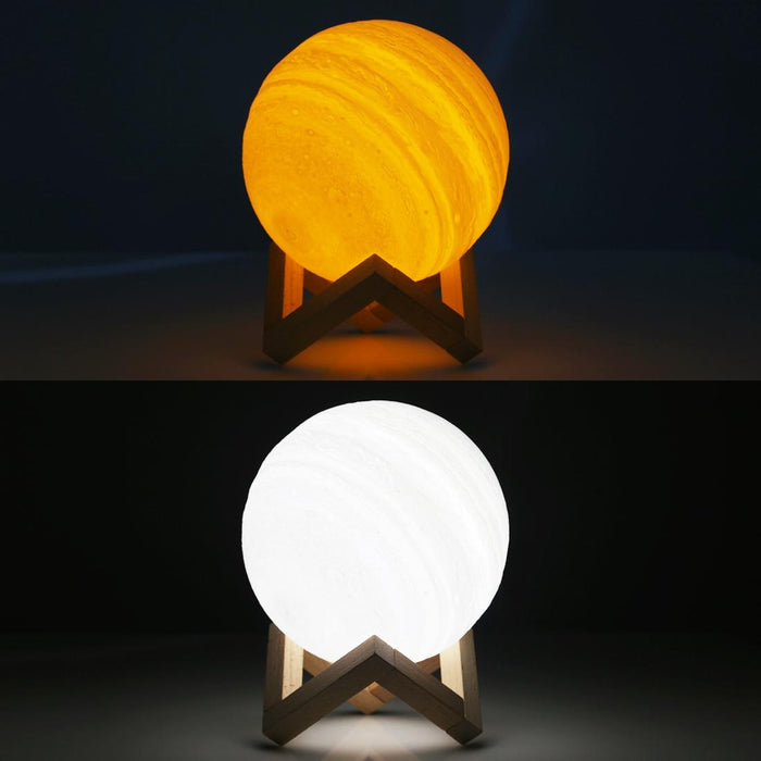 15Cm 3D Print Jupiter Lamp Touch Control Usb Charging 2-Colour Led Night Light With Wooden Base