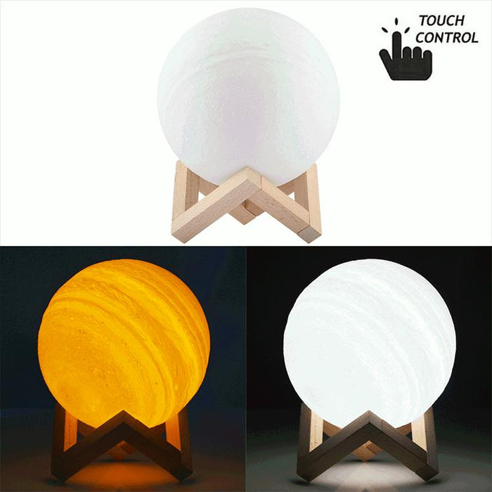 15Cm 3D Print Jupiter Lamp Touch Control Usb Charging 2-Colour Led Night Light With Wooden Base
