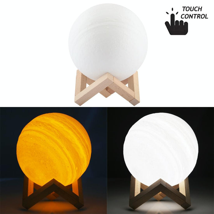 15Cm 3D Print Jupiter Lamp Touch Control Usb Charging 2-Colour Led Night Light With Wooden Base