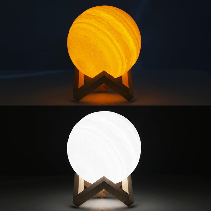 18Cm 3D Print Jupiter Lamp Touch Control Usb Charging 2-Colour Led Night Light With Wooden Base