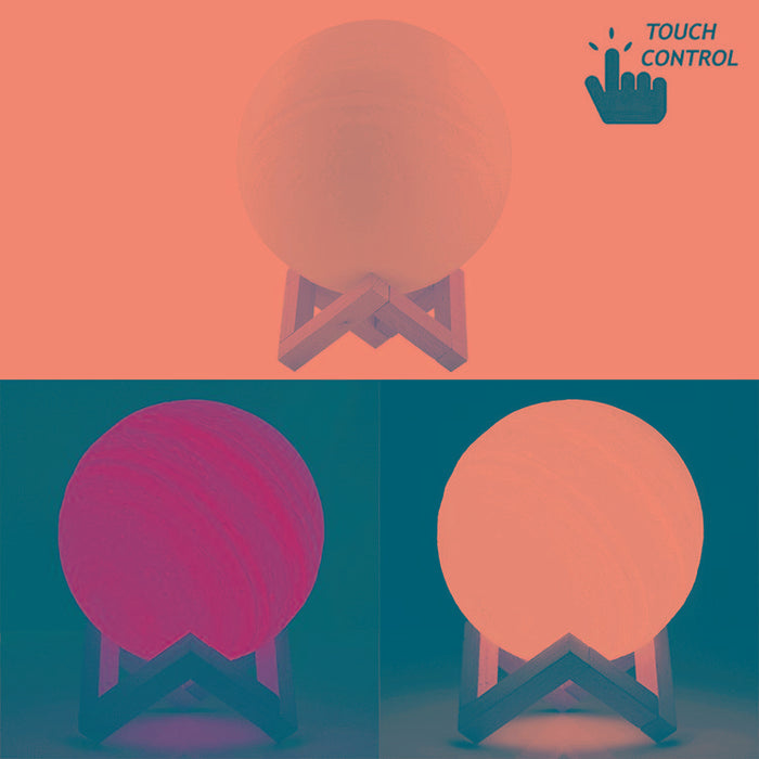 18Cm 3D Print Jupiter Lamp Touch Control Usb Charging 2-Colour Led Night Light With Wooden Base