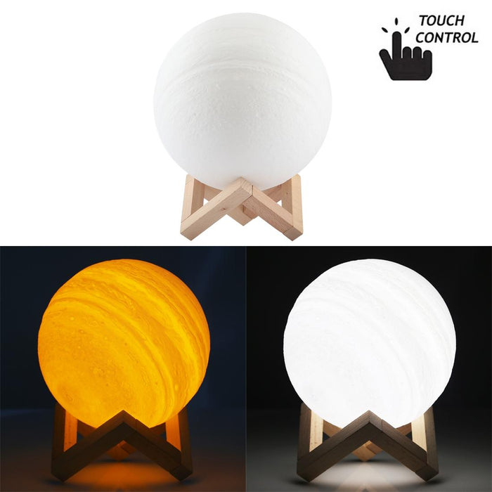 18Cm 3D Print Jupiter Lamp Touch Control Usb Charging 2-Colour Led Night Light With Wooden Base