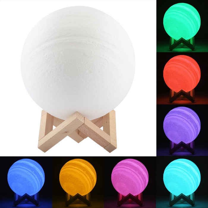 18Cm 3D Print Jupiter Lamp Usb Charging 7-Colour Led Night Light With Wooden Base