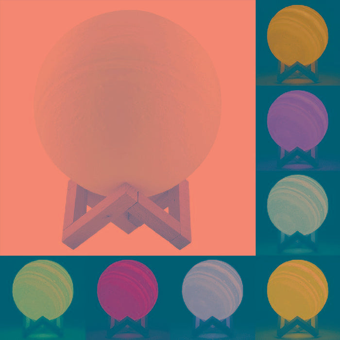 18Cm 3D Print Jupiter Lamp Usb Charging 7-Colour Led Night Light With Wooden Base