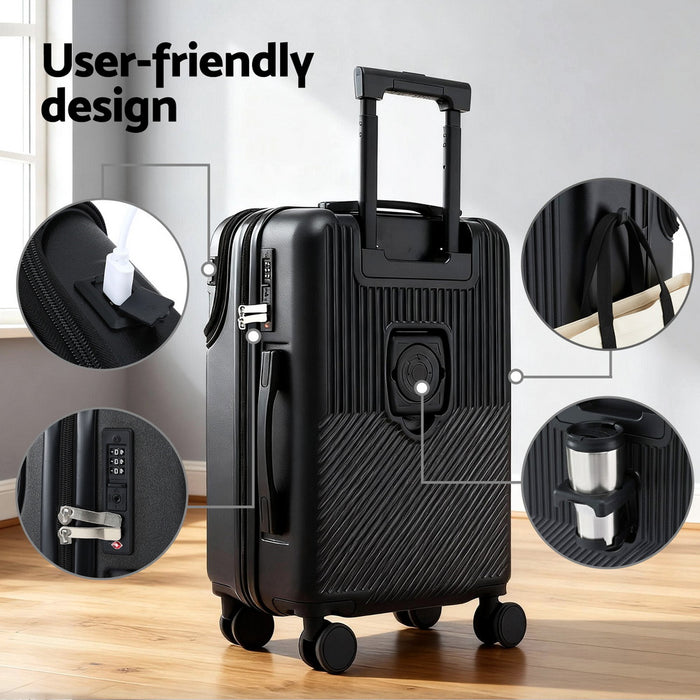 20" Luggage Suitcase Front Pocket Travel Carry On Tsa Black