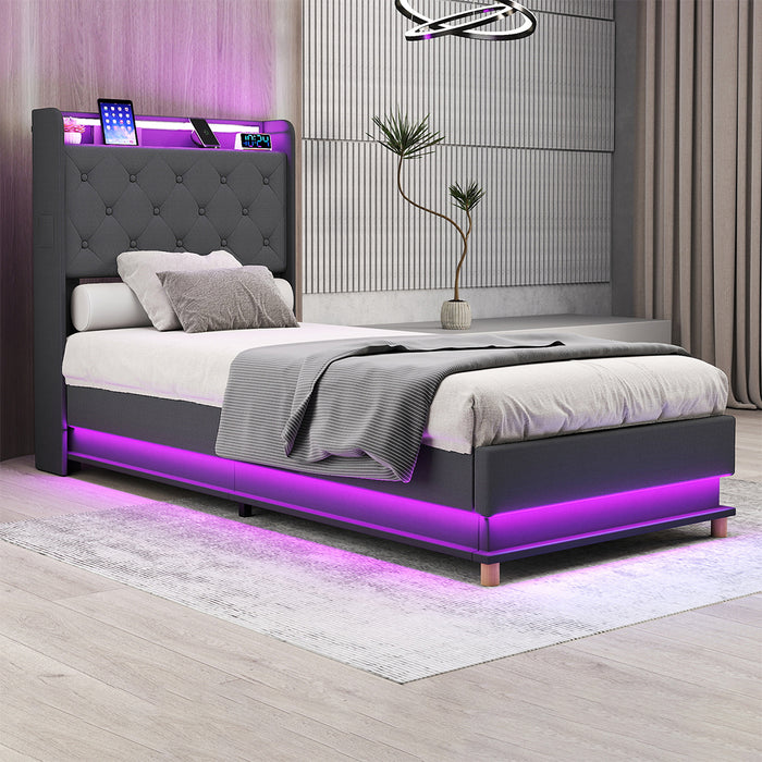 Single Bed Frame Gas Lift Storage Led Light Usb