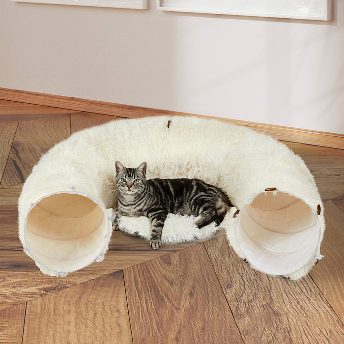 Goslash Picks Cat Tunnel Foldable Fluffy Plush Play Tube Beige