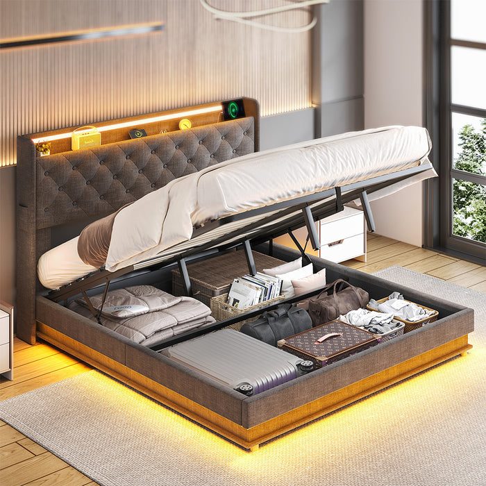 King Bed Frame Gas Lift Storage Led Light Usb