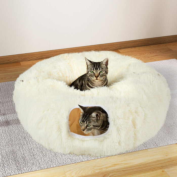 Goslash Picks Cat Tunnel Foldable Fluffy Plush Play Tube Beige