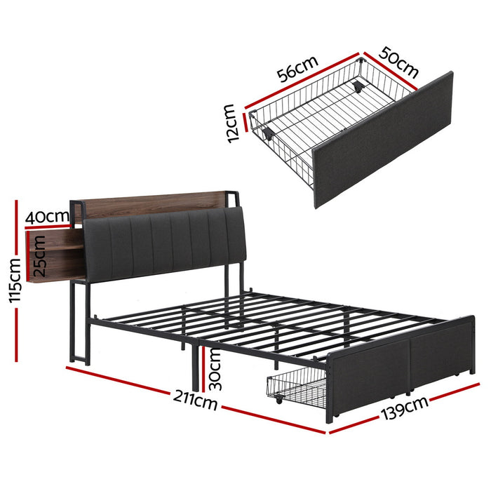 Metal Bed Frame Double Size With 2-Tier Hidden Storage With Charging Station
