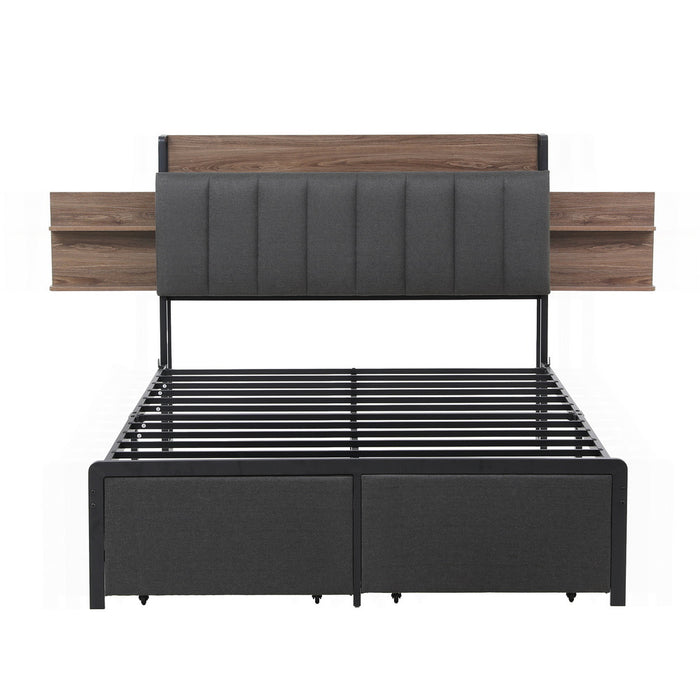 Metal Bed Frame Double Size With 2-Tier Hidden Storage With Charging Station