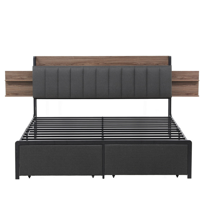Metal Bed Frame King Size With 2-Tier Hidden Storage With Charging Station
