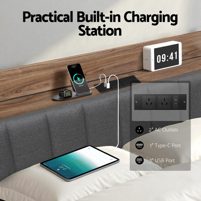 Metal Bed Frame Queen Size With 2-Tier Hidden Storage With Charging Station