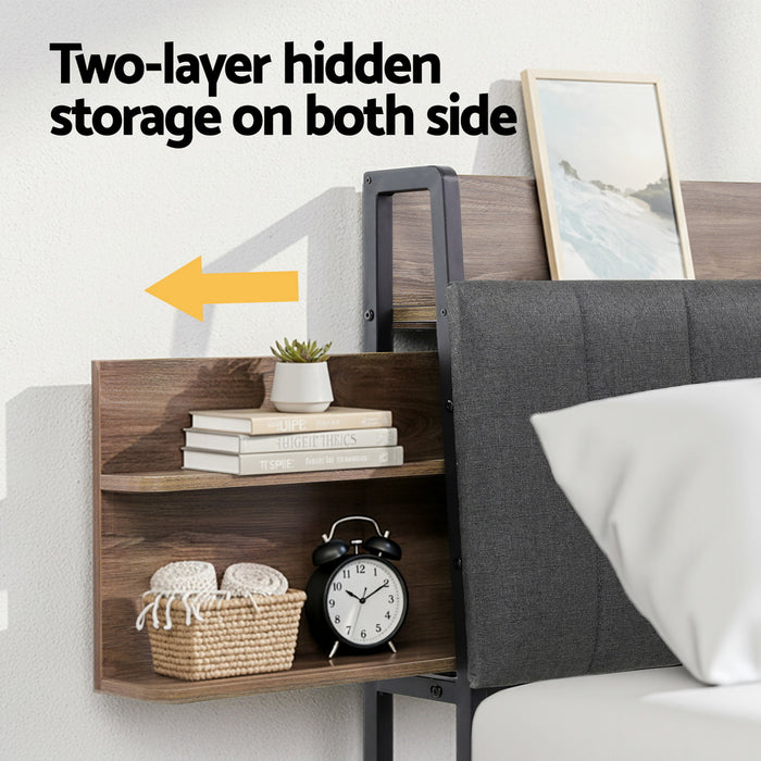 Metal Bed Frame Queen Size With 2-Tier Hidden Storage With Charging Station