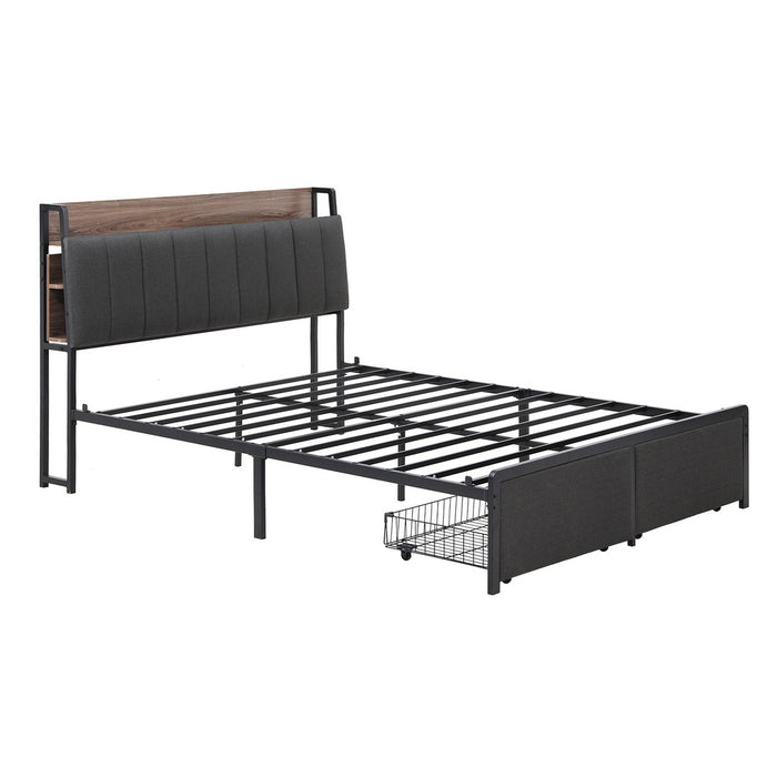Metal Bed Frame Queen Size With 2-Tier Hidden Storage With Charging Station
