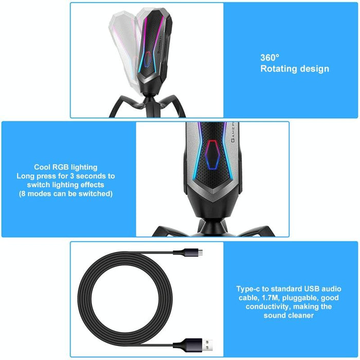 360-Degree Rotating Gaming Microphone With Rgb Lighting & Usb-C Cable