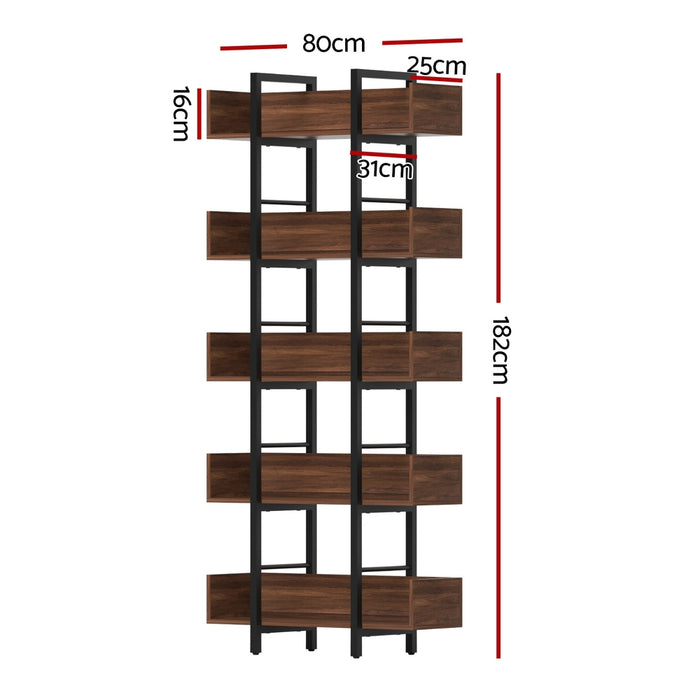 Bookshelf 5-Tier Bookcase Display Shelves Metal Storage Stand Rack Walnut