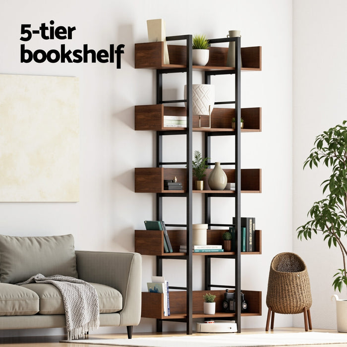 Bookshelf 5-Tier Bookcase Display Shelves Metal Storage Stand Rack Walnut