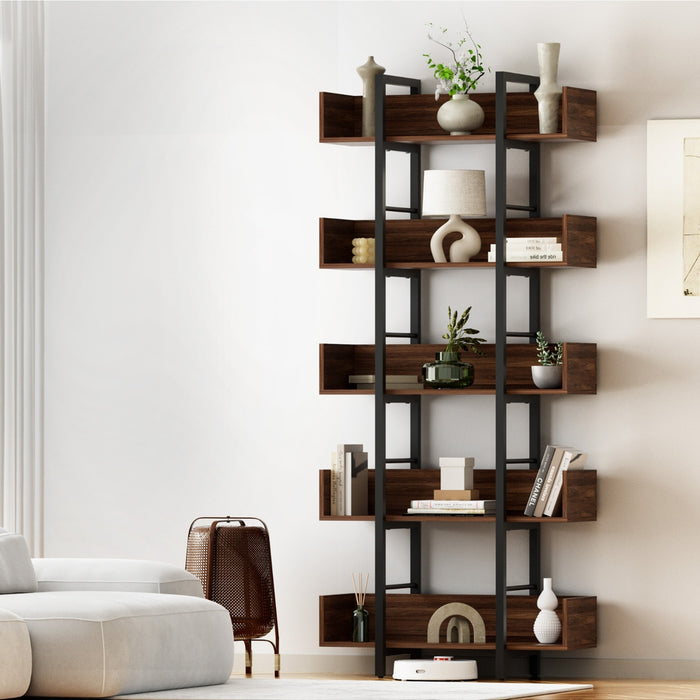 Bookshelf 5-Tier Bookcase Display Shelves Metal Storage Stand Rack Walnut