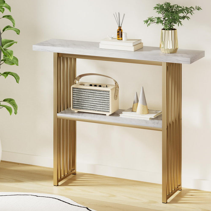 Console Table Marble Effect White & Gold