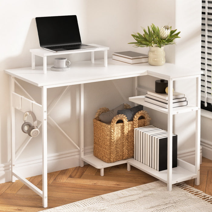 Computer Desk L-Shape Home Office Study Table Open Shelves White 100Cm