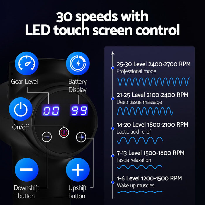 Massage Gun 30 Speed 8 Heads Vibration Muscle Massager Chargeable Black