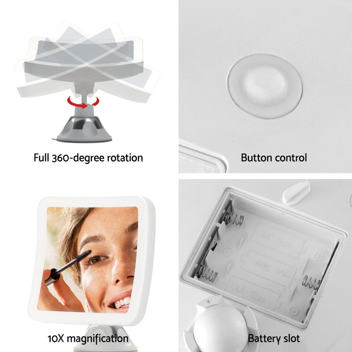 Makeup Mirror 10X Magnification Led Light Adjustable Rotation Cordless Suction Cup