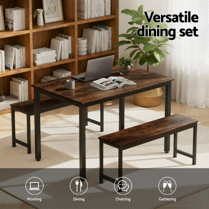 Dining Table And Chairs Set 3pcs Kitchen Metal Desk Bench Dark Walnut