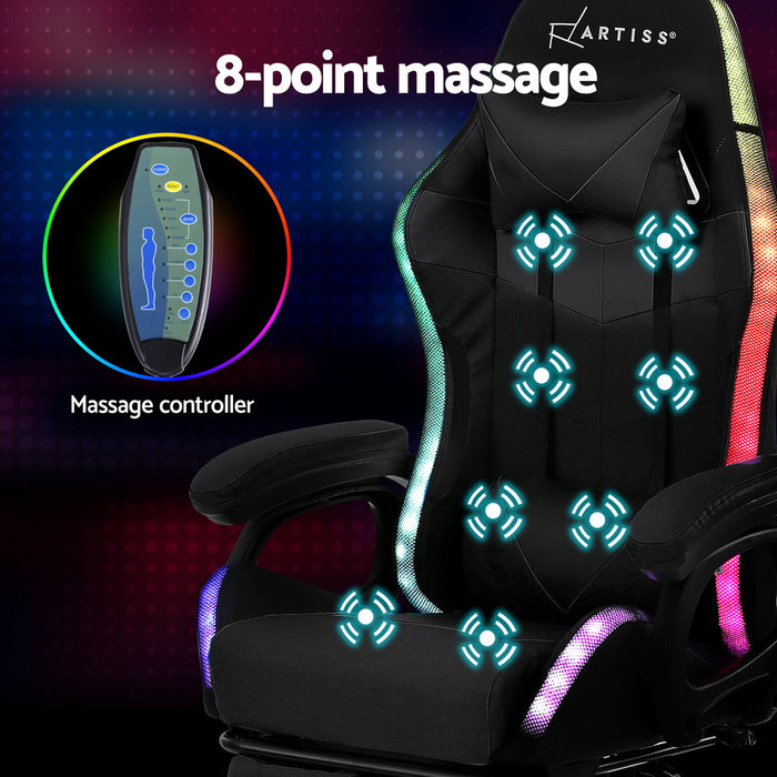 Gaming Office Chair 12 Rgb Led Massage Computer Work Seat Footrest Black