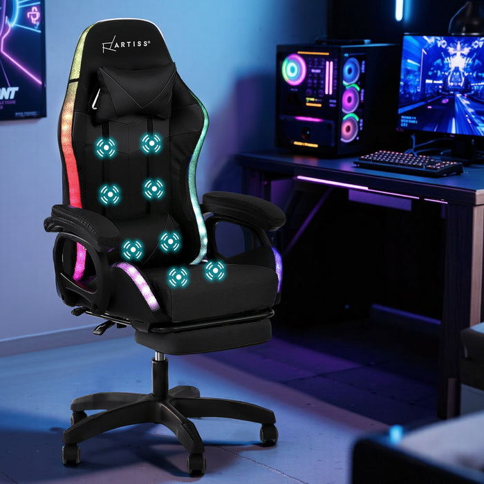 Gaming Office Chair 12 Rgb Led Massage Computer Work Seat Footrest Black