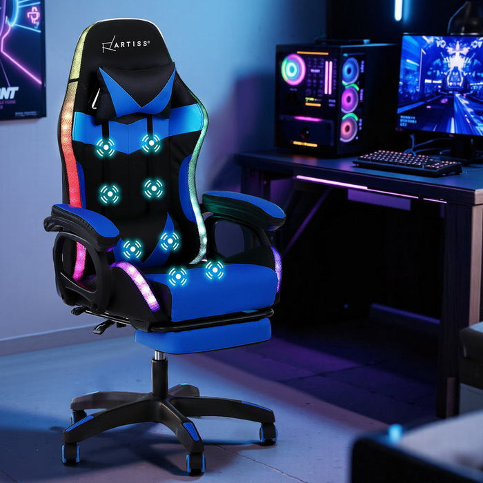 Gaming Office Chair 12 Rgb Led Massage Computer Work Seat Footrest Blue