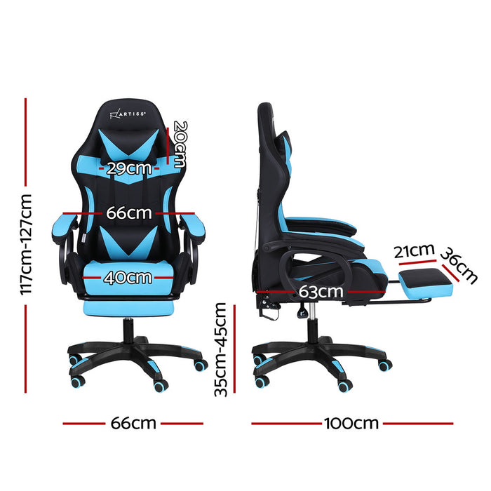 Gaming Office Chair 12 Rgb Led Massage Computer Work Seat Footrest Cyan