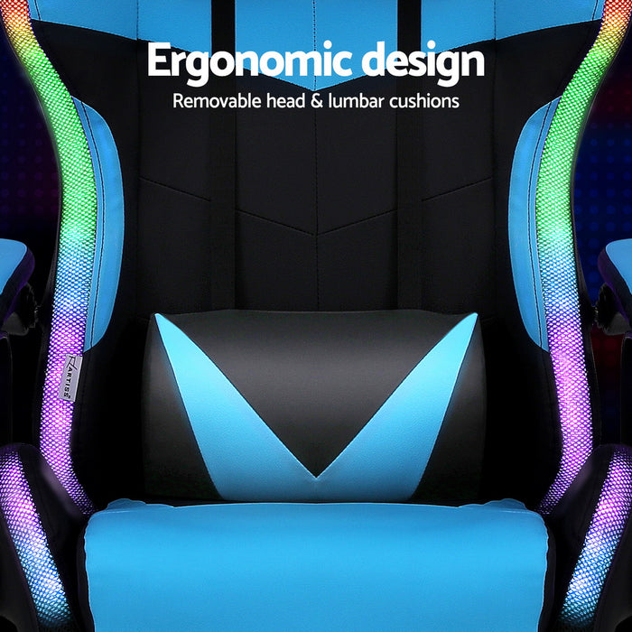 Gaming Office Chair 12 Rgb Led Massage Computer Work Seat Footrest Cyan