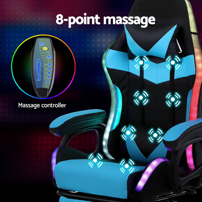 Gaming Office Chair 12 Rgb Led Massage Computer Work Seat Footrest Cyan