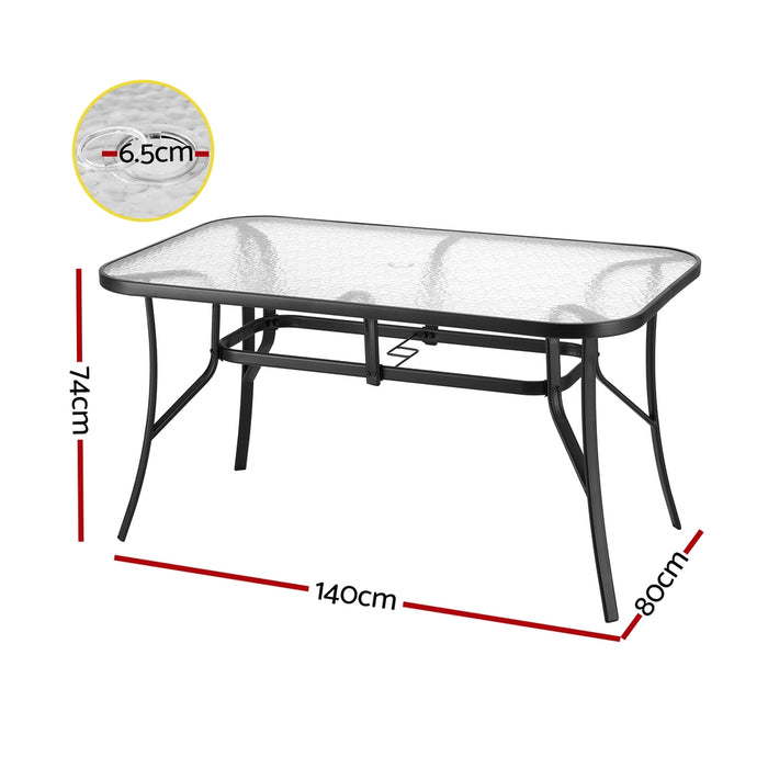 140cm Outdoor Dining Table Steel Frame Tempered Glass Parasol Hole Black