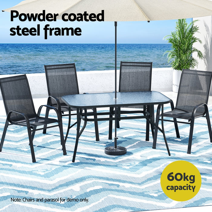 140cm Outdoor Dining Table Steel Frame Tempered Glass Parasol Hole Black