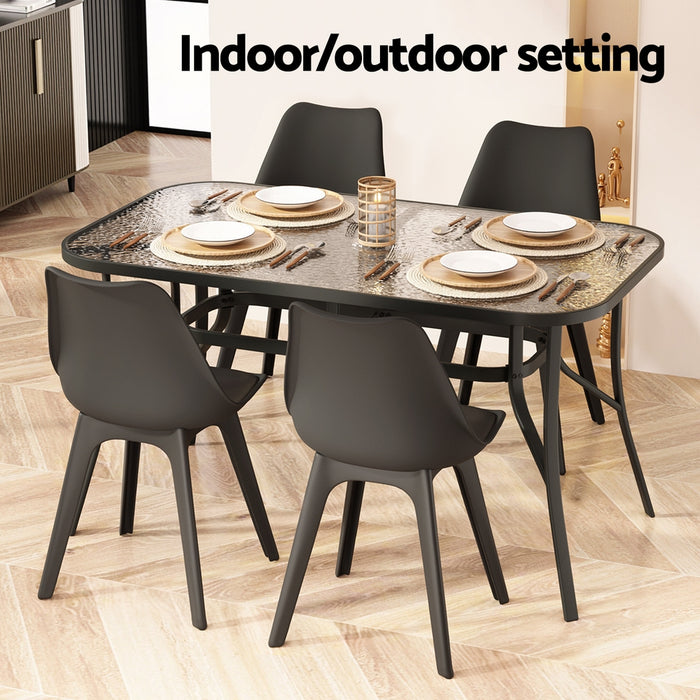 140cm Outdoor Dining Table Steel Frame Tempered Glass Parasol Hole Black