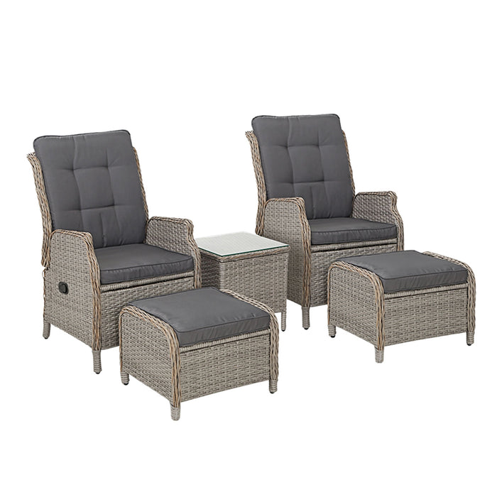 5Pc Recliner Chairs Table Sun Lounge Wicker Outdoor Furniture Adjustable Grey