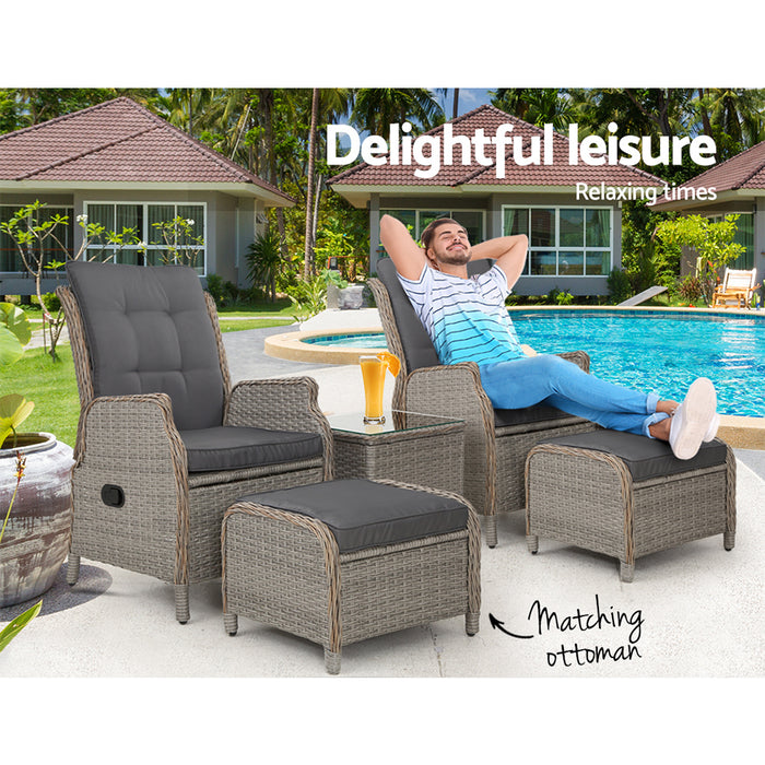 5Pc Recliner Chairs Table Sun Lounge Wicker Outdoor Furniture Adjustable Grey