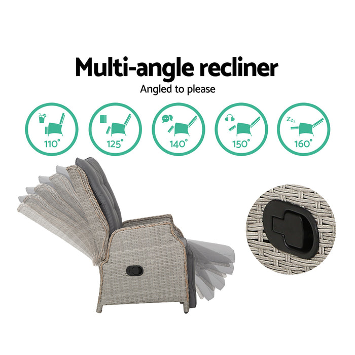 3Pc Recliner Chairs Table Sun Lounge Outdoor Furniture Wicker Adjustable Grey