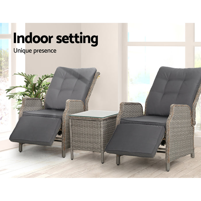 3Pc Recliner Chairs Table Sun Lounge Outdoor Furniture Wicker Adjustable Grey