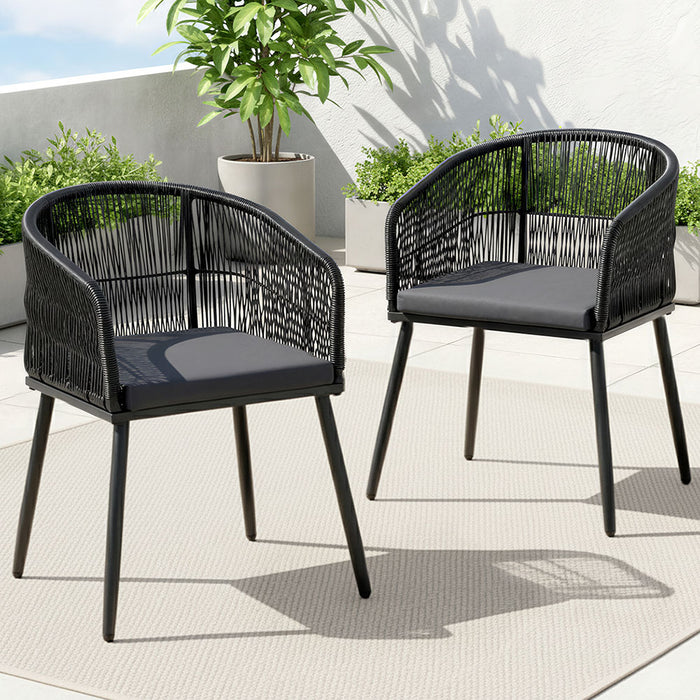 2Pc Outdoor Dining Chairs Wicker Chair Patio Furniture Garden Steel Black